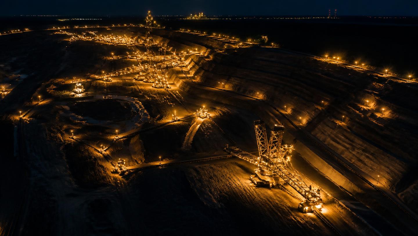 Aerial night view of an illuminated open-pit mining operation